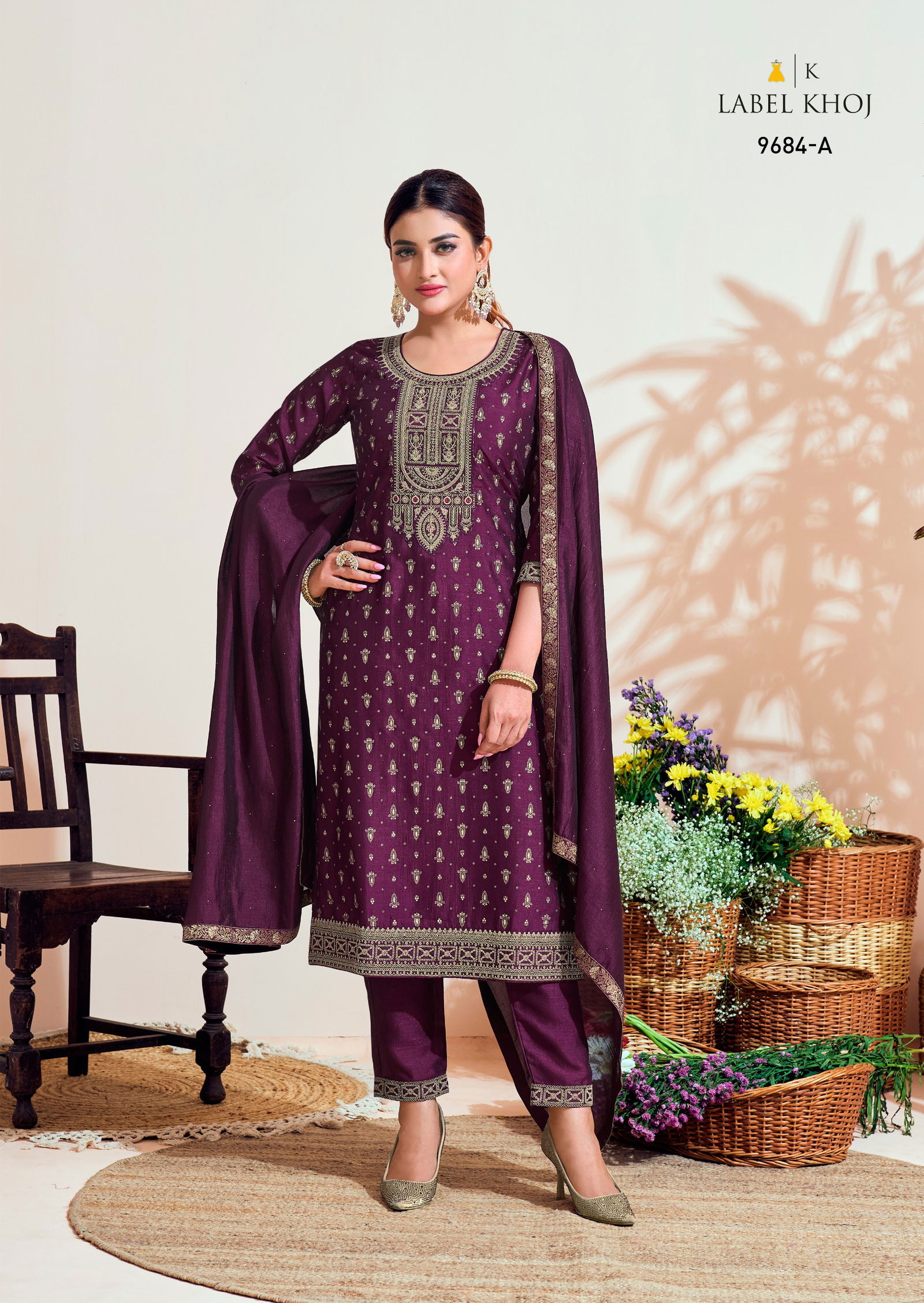 Label Khoj 9682 A To 9684 B Embroidery Vichitra Silk Designer Readymade Suits Wholesale Shop In Surat